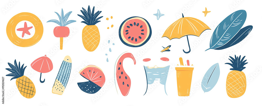 Seaside Playfuls: Hand-Drawn Vector Art Featuring Summer Symbols and Elements, Perfect for Vibrant Design Projects Seaside Playfuls: Hand-Drawn Vector Art Featuring Summer Symbols and Elements, Perfect for Vibrant Design Projects