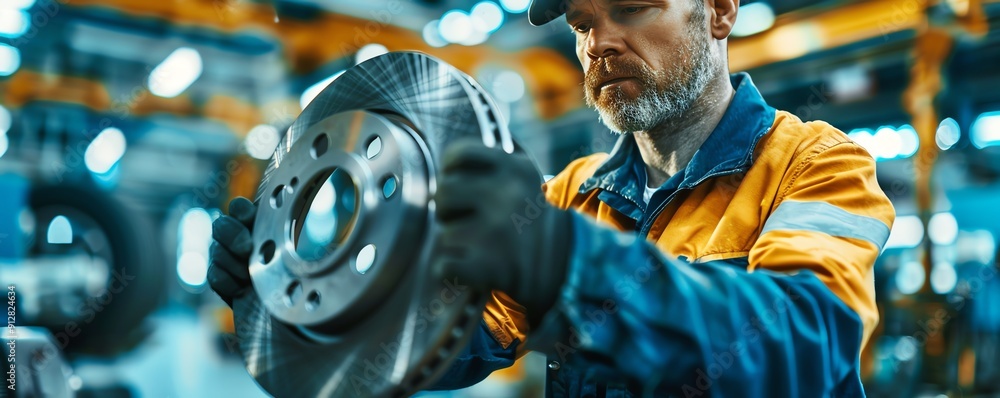 Mechanic replacing brake pads, industrial backdrop Skilled and careful, efficient and essential, vehicle safety Mechanic replacing brake pads, industrial backdrop Skilled and careful, efficient and essential, vehicle safety