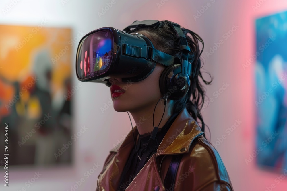 Woman experiencing virtual reality with VR headset and headphones in an art gallery Woman experiencing virtual reality with VR headset and headphones in an art gallery