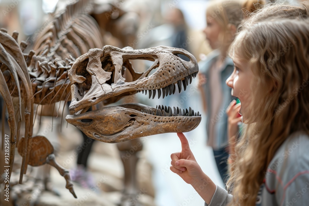 Fototapeta premium Young girl fascinated by dinosaur skeleton exhibit at a museum