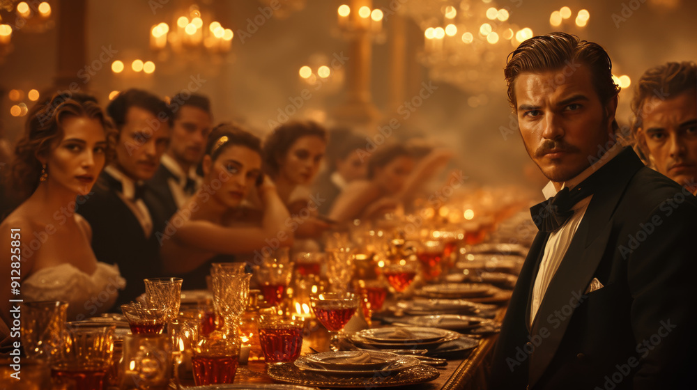 Elegant guests at a lavish candlelit banquet, dressed in formal evening attire Elegant guests at a lavish candlelit banquet, dressed in formal evening attire