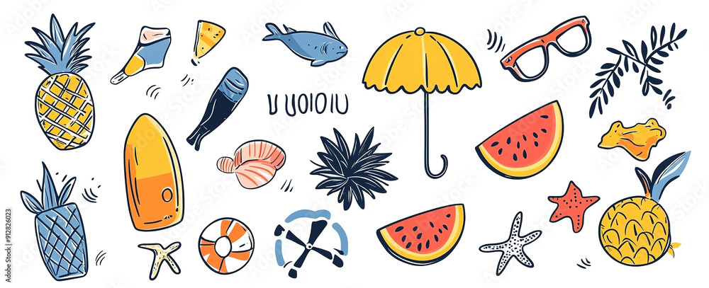 Obraz premium Sunset Dreams: Abstract Summer-Themed Vector Art with Hand-Drawn Symbols, Perfect for Modern Design Templates