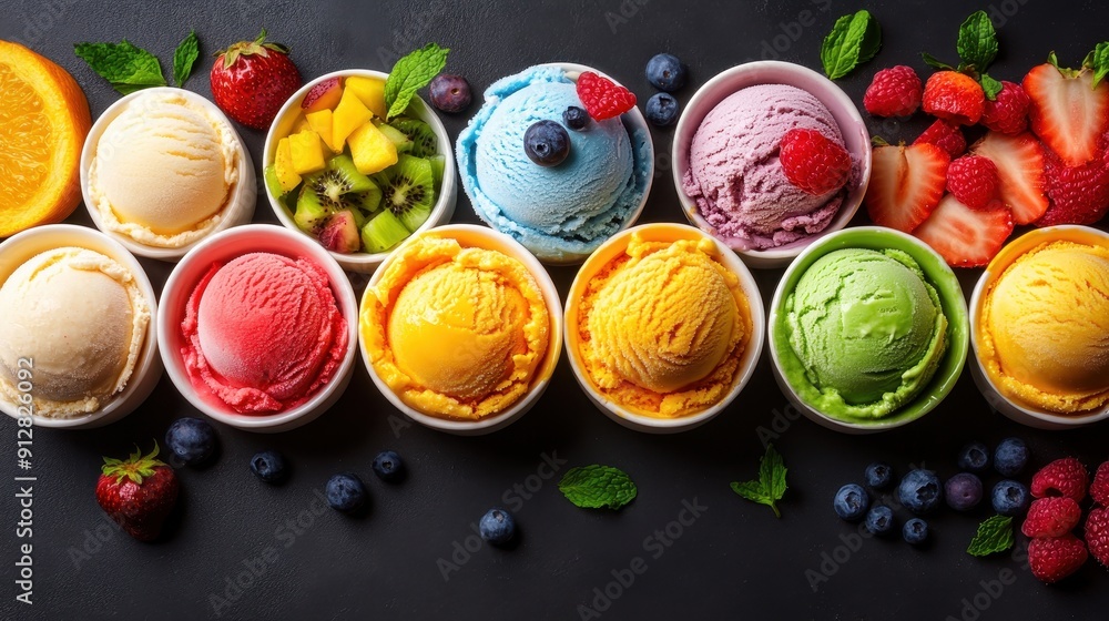 Ice cream assortment on rustic table top view with fruits Ice cream assortment on rustic table top view with fruits
