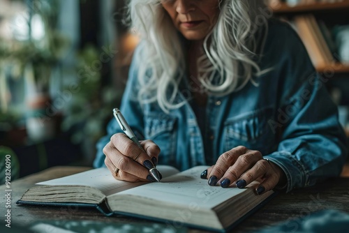 Focused older woman with long white hair writing in a journal at a cozy home