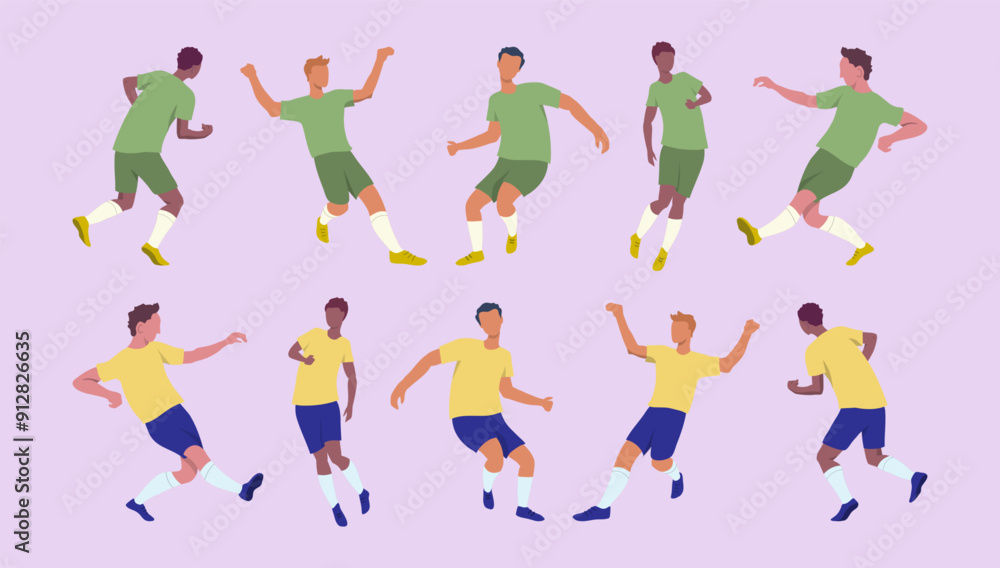 Cartoon Two Soccer Teams Players Characters Set Football Match Competition Concept Flat Design Style. Vector illustration Cartoon Two Soccer Teams Players Characters Set Football Match Competition Concept Flat Design Style. Vector illustration