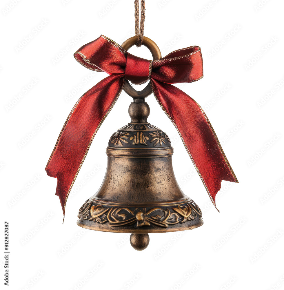 Golden bell with red ribbon on transparent background cutout PNG Golden bell with red ribbon on transparent background cutout PNG