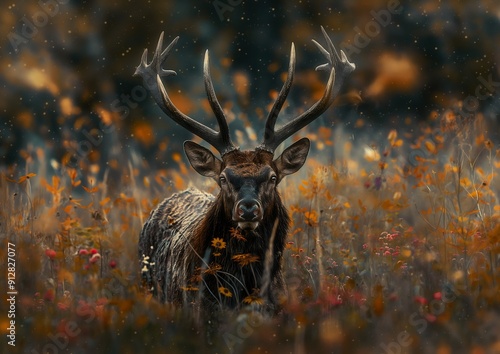 Majestic elk with big horns hidden within the natural patterns and textures of a beautiful meadow full of colourful flowers, nordic forest