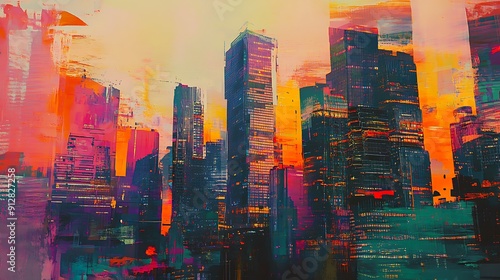 Abstract Cityscape Painting with Vibrant Colors and Geometric Shapes