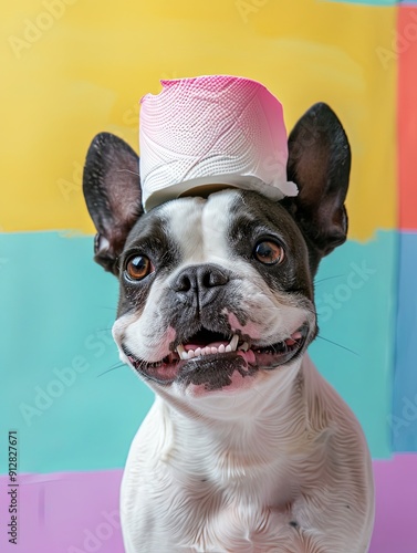 Cheerful Boston Terrier with a Smiley Emoticon and Toilet Paper Crown, Playful Pet Portrait on a Rainbow Wall, Pure White Background photo