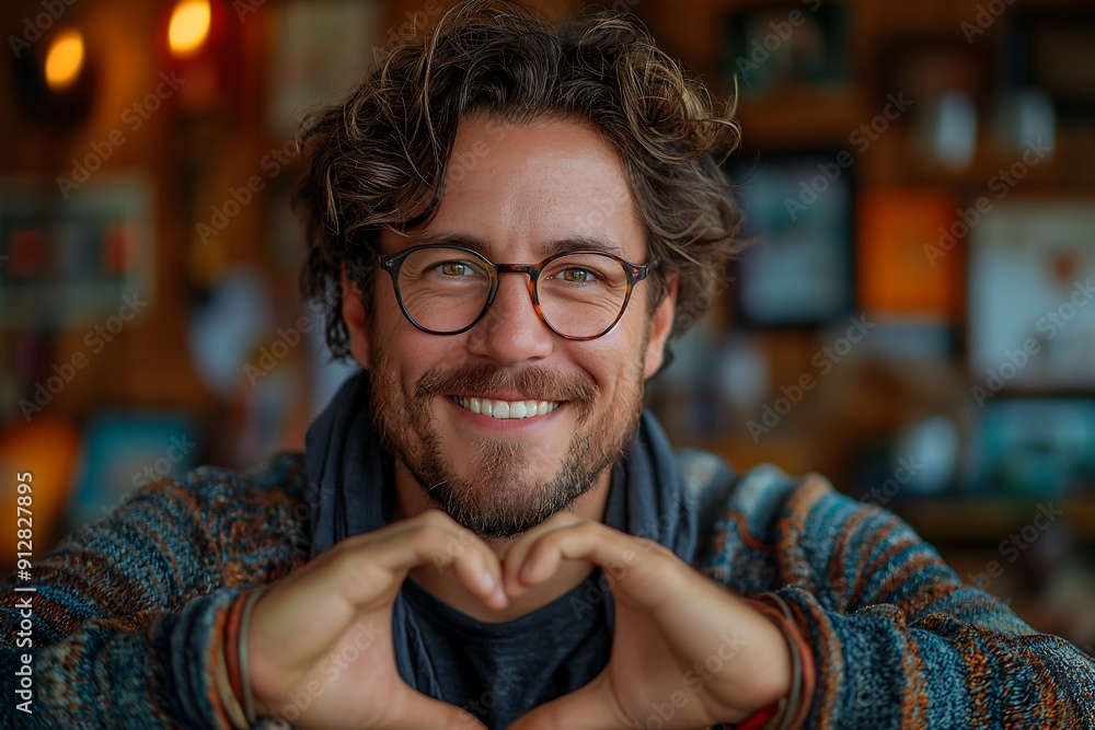 A man making a heart shape with his hands while smiling and looking at the camera in the living room. Portrait of a positive young male showing a love sign A man making a heart shape with his hands while smiling and looking at the camera in the living room. Portrait of a positive young male showing a love sign