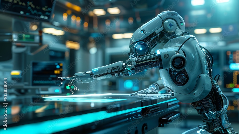 Future precision surgical robots will be operated by robotic arms that perform automated medical care, and hospital equipment will be remotely controlled as vast banner designs. Future precision surgical robots will be operated by robotic arms that perform automated medical care, and hospital equipment will be remotely controlled as vast banner designs.