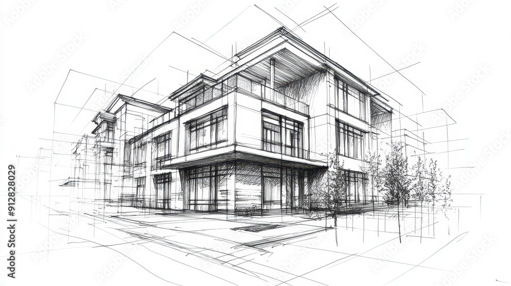 Architectural sketch with pencil and markers of a house facade Architectural sketch with pencil and markers of a house facade