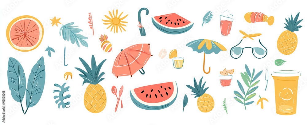 Summer Sketches: Playful Vector Illustration of Vacation Icons on White, Trendy for Banner and T-Shirt Artwork Summer Sketches: Playful Vector Illustration of Vacation Icons on White, Trendy for Banner and T-Shirt Artwork