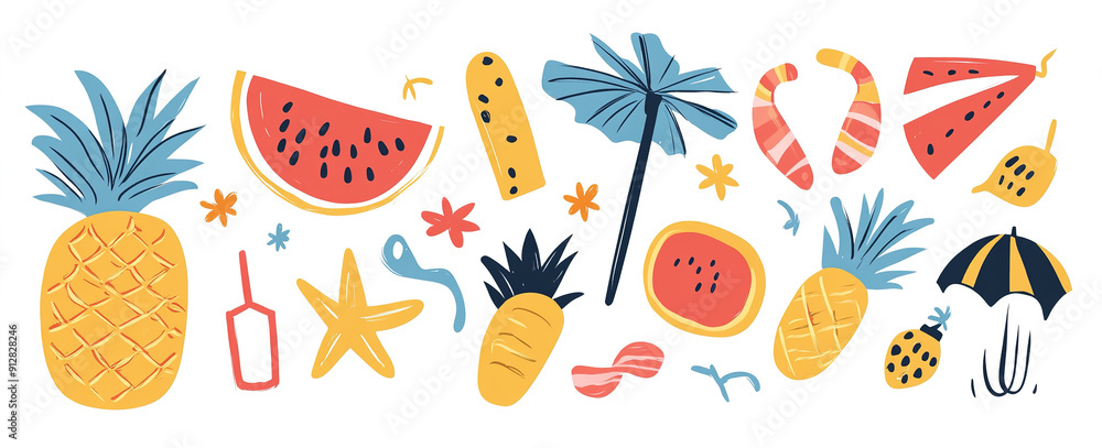 Obraz premium Coastal Charm: Hand-Drawn Vector Collection of Summer Symbols and Elements, Stylish for Posters and Apparel