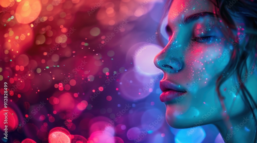 Model posing with glitter makeup and neon lights for a modern beauty concept Model posing with glitter makeup and neon lights for a modern beauty concept