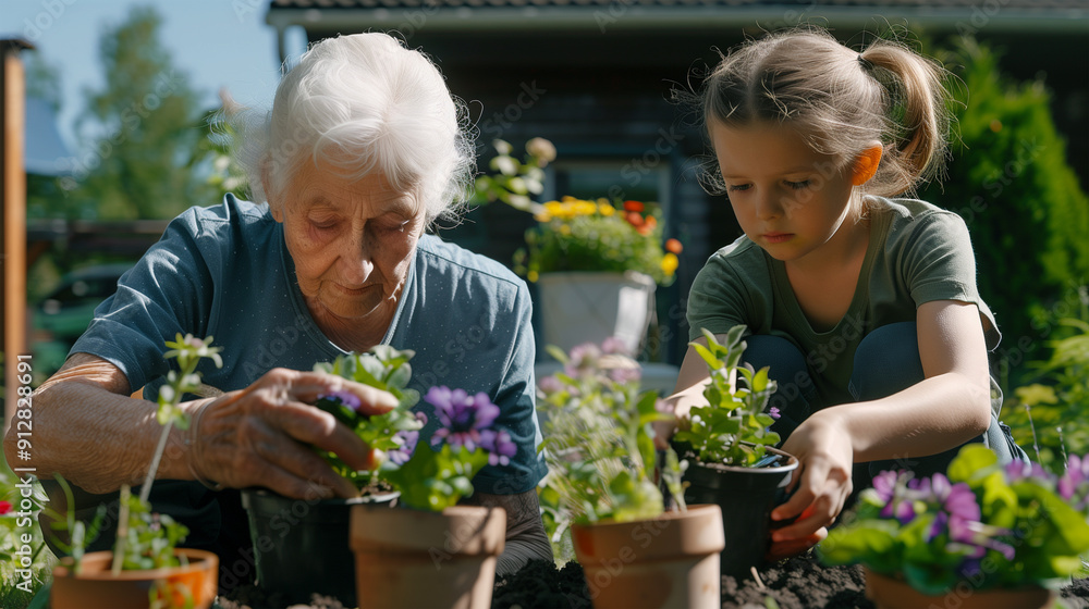 A gray-haired grandmother gardening with her granddaughter in her home garden. A gray-haired grandmother gardening with her granddaughter in her home garden.