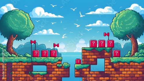 Retro-Themed 2D Platformer Game Environment with Pixel Art and Engaging Graphics