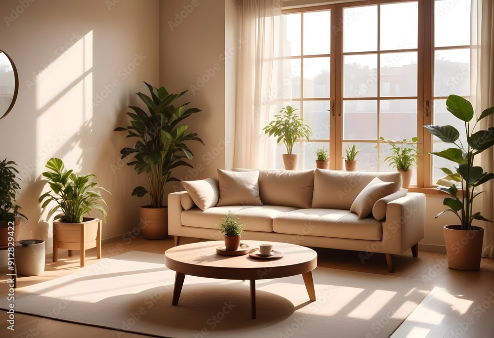 Interior of A minimalist living room with framed empty wall hanging and two white armchairs, a small side table, Interior of A minimalist living room with framed empty wall hanging and two white armchairs, a small side table,