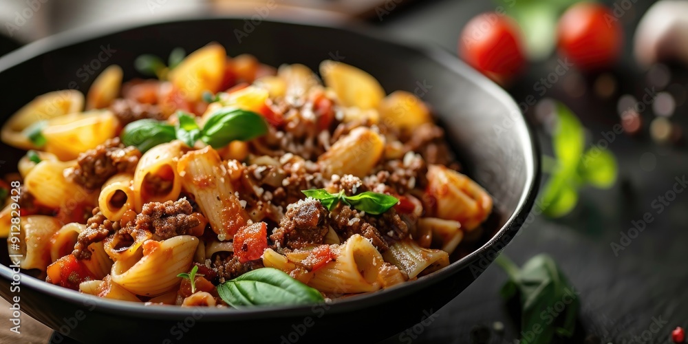 Beef stew pasta in a black bowl with shallow depth of field Beef stew pasta in a black bowl with shallow depth of field