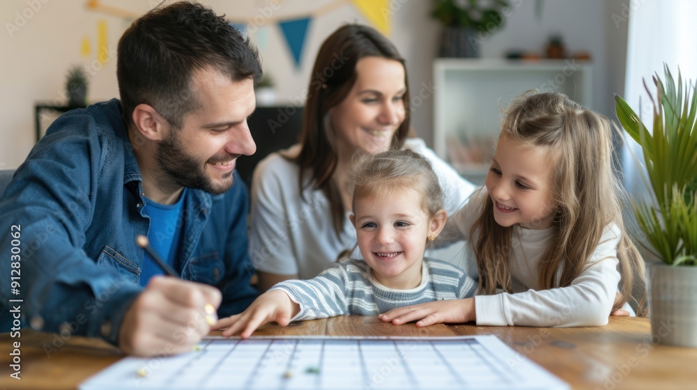 Family using a wall calendar to organize activities and tasks. Family using a wall calendar to organize activities and tasks.