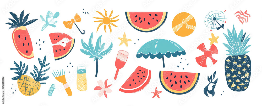 Beach Bash Design Kit: Hand-Drawn Vector Summer Symbols and Elements, Ideal for Trendy Posters, Banners, and T-Shirt Templates Beach Bash Design Kit: Hand-Drawn Vector Summer Symbols and Elements, Ideal for Trendy Posters, Banners, and T-Shirt Templates