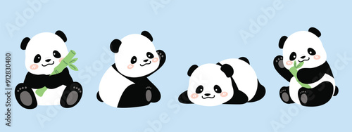 Cute Animal Panda characters set. Hand drawn wild animal cartoon design of panda in different pose, bamboo, sitting, sleeping. Adorable bear mascot illustration for sticker, clipart, education.