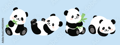 Cute Animal Panda characters set. Hand drawn wild animal cartoon design of panda in different pose, bamboo, sitting, sleeping. Adorable bear mascot illustration for sticker, clipart, education.