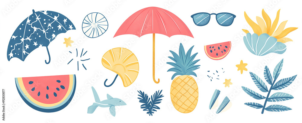 Obraz premium Tropical Getaway: Abstract Summer Artwork with Watermelon, Sun Umbrella & More - Hand-Drawn Vector Design for Trendy Posters and Tees