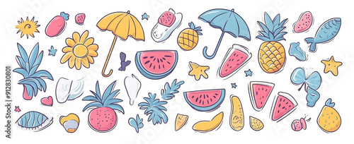 Tropical Getaway: Abstract Summer Artwork with Watermelon, Sun Umbrella & More - Hand-Drawn Vector Design for Trendy Posters and Tees