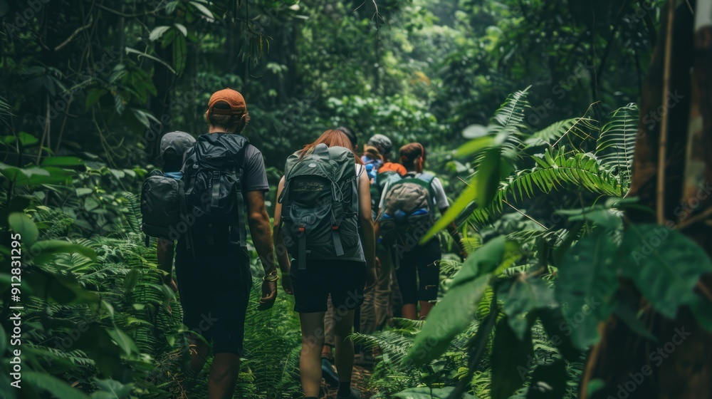 Group of friends trekking in a lush green forest. Group of friends trekking in a lush green forest.