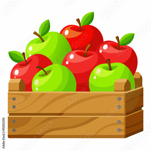 A bright summer illustration depicting a wooden box with ripe green and red apples. The harvested harvest of juicy apples in a wooden box. Vector illustration isolated on a white background