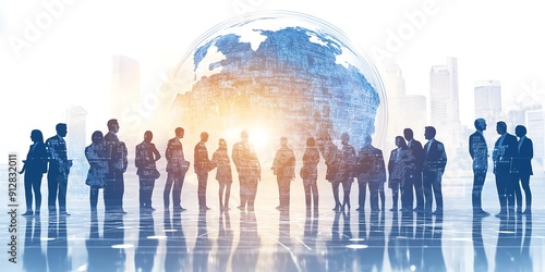 Business team standing in front of a digital globe, with a blue and white color scheme, in a corporate culture background image, using a double exposure photography technique photo