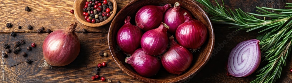 Redd onions shallots rosemary and peppercorns in bowl Redd onions shallots rosemary and peppercorns in bowl