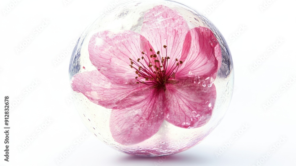 Pink flower frozen in transparent ice sphere conveying fragility Pink flower frozen in transparent ice sphere conveying fragility