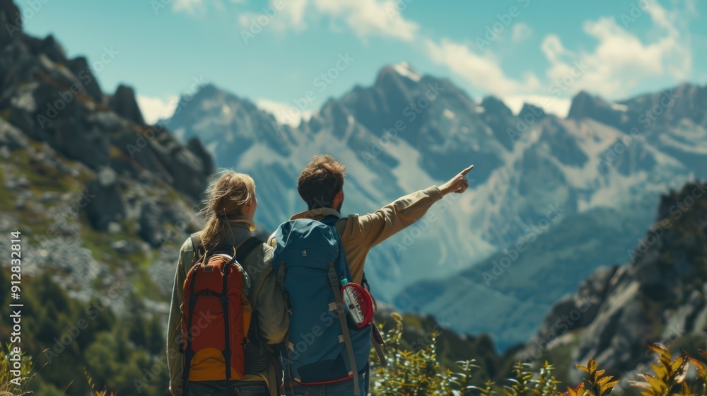 Happy couple trekking and pointing at distant peaks. Happy couple trekking and pointing at distant peaks.