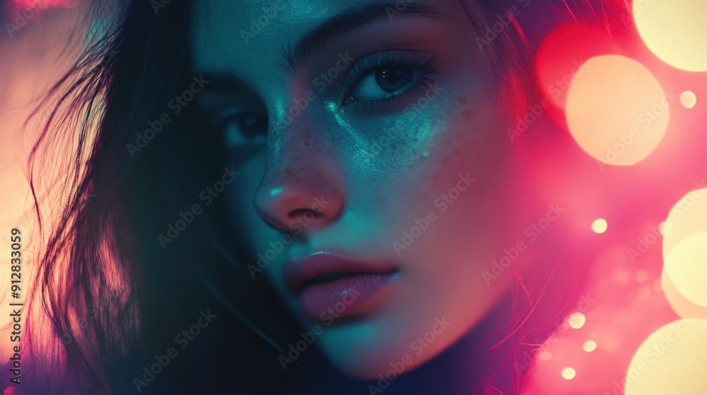 Beautiful woman posing with neon lights reflecting on her face