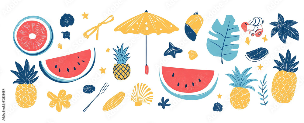 Hand-Drawn Summer Fun: Abstract Elements and Vacation Symbols Vector Illustration, White Background, Trendy Artwork Design for Posters and Apparel Hand-Drawn Summer Fun: Abstract Elements and Vacation Symbols Vector Illustration, White Background, Trendy Artwork Design for Posters and Apparel