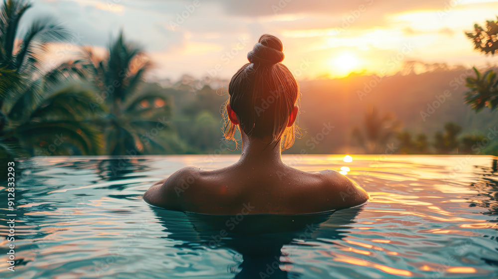 A woman is in a pool, looking at the sun A woman is in a pool, looking at the sun