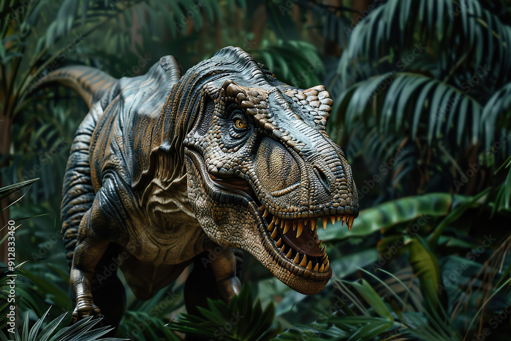 Fototapeta premium Generative ai on theme of big scary hungry dinosaur with kind eyes and sharp teeth destroying park