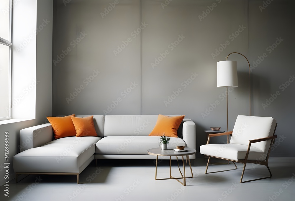 Obraz premium Interior of A modern living room with a gray sofa, wooden coffee table, and a potted plant in the corner