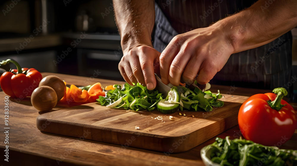 A chef is cutting vegetables on a wooden cutting board. The vegetables include tomatoes, peppers, and onions