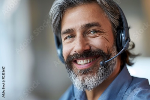 A smiling man with a beard wearing a headset, looking at a camera in an office