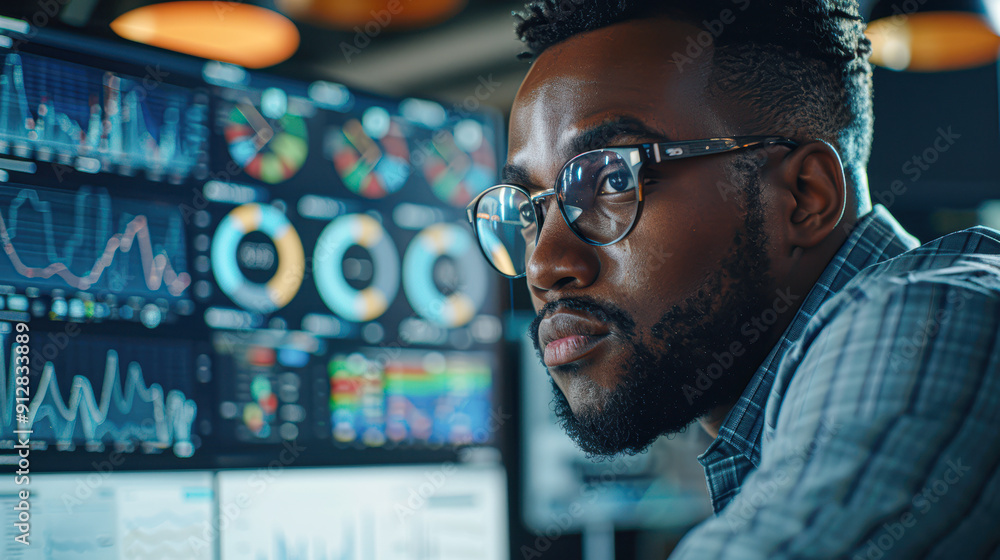 A man wearing glasses is looking at a computer screen with multiple graphs A man wearing glasses is looking at a computer screen with multiple graphs