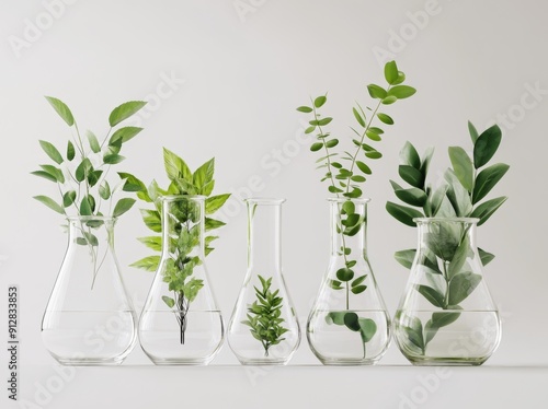 A collection of natural plants and leaves in the laboratory glassware for scientific research, including ballons, vases, and evaporators