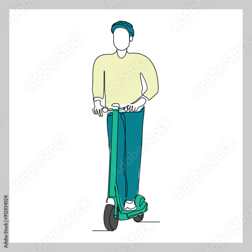 Continuous single line sketch drawing of young man ride electric scooter for mobile activity. One line modern go green future transportation vector illustration