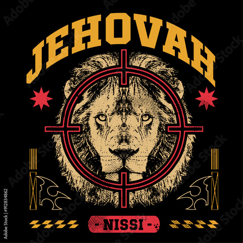 Jehovah streetwear t-shirt design, clothing apparel design, Lion of Judah christian vector graphic t shirt
