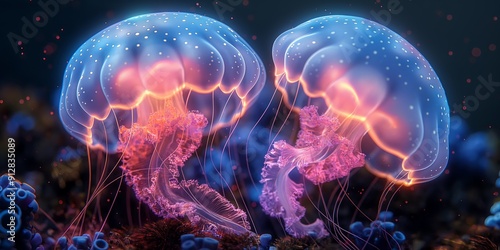 Two glowing jellyfish floating in the deep sea with soft light illuminating their bodies from above dragon, vibrant colors and intricate details