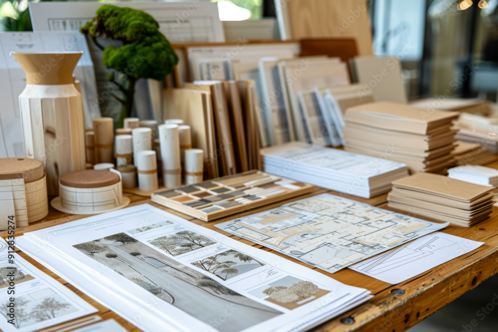 set of house plans on a table surrounded my a few interior designer mood board selections. set of house plans on a table surrounded my a few interior designer mood board selections.