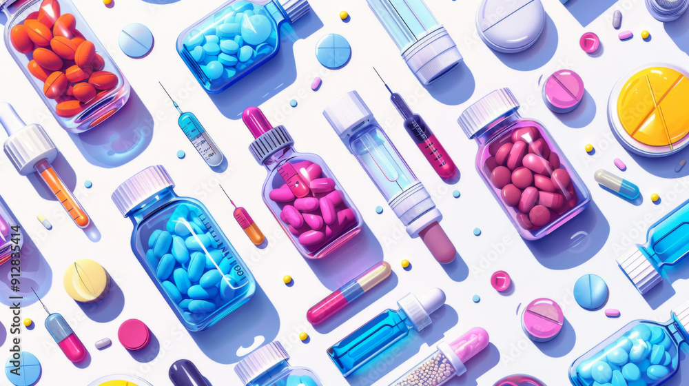 Array of liquid medications and droppers flat design top view pharmaceutical theme cartoon drawing vivid Array of liquid medications and droppers flat design top view pharmaceutical theme cartoon drawing vivid