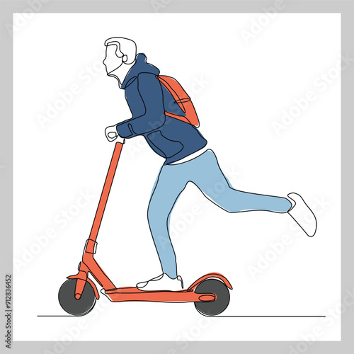 Continuous single line sketch drawing of young man ride electric scooter for mobile activity. One line modern go green future transportation vector illustration